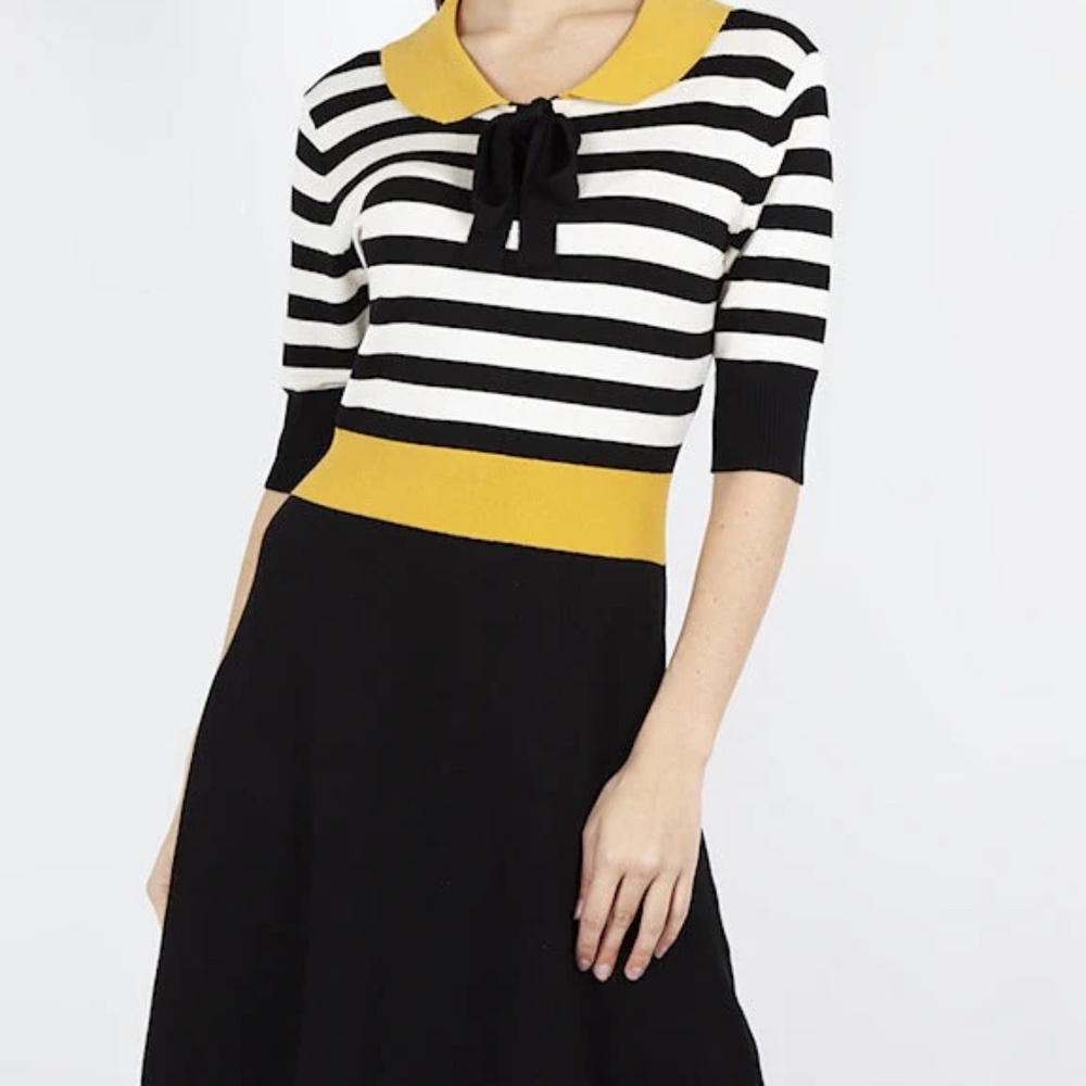 Voodoo Vixen Black & White Stripe Mustard Accent Fit & Flare Sweater Dress nwot